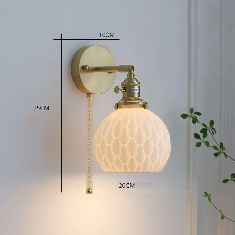 Japanese ceramic pendant lamp with copper holders, featuring a white ceramic shade and integrated LED wall sconce, ideal for cozy and stylish settings.