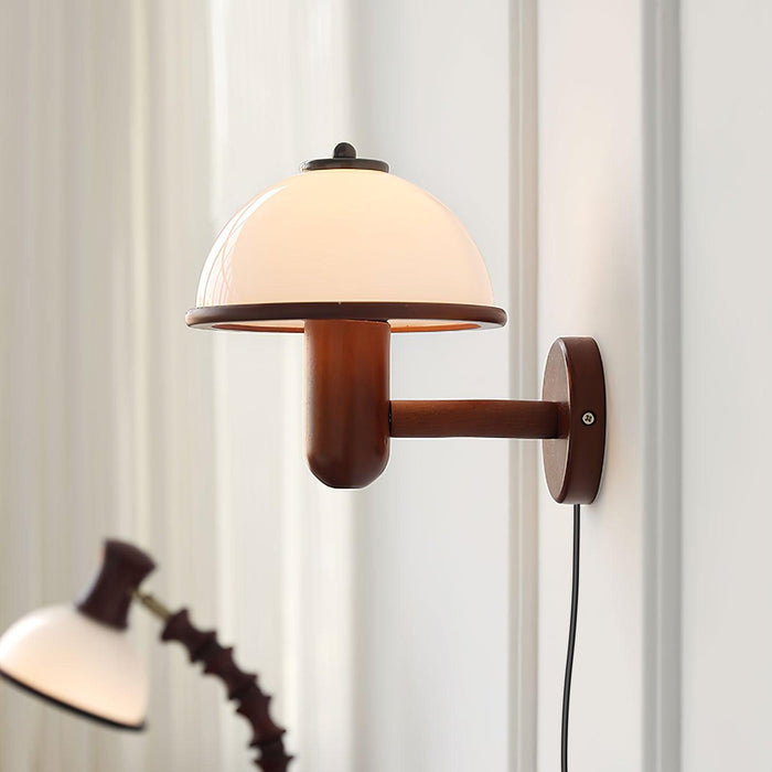 Taavita Mushroom Wood Wall Light - Elegant Oak Finish with White Lampshade