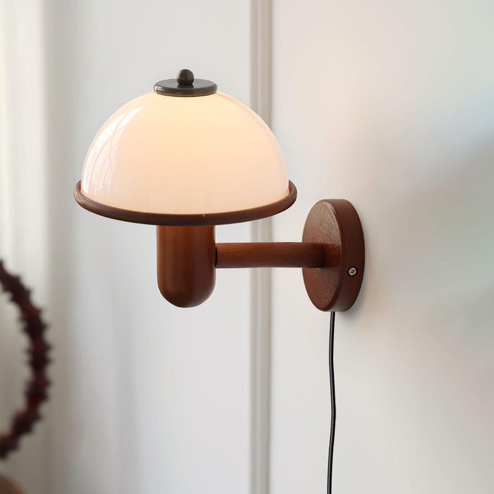 Taavita Mushroom Wood Wall Light - Elegant Oak Finish with White Lampshade