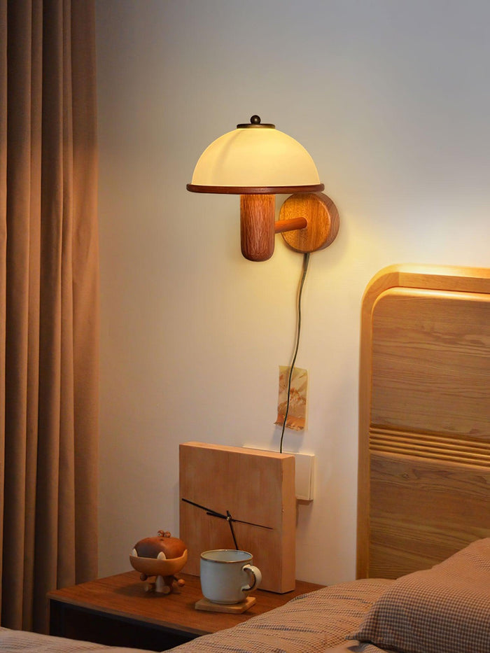 Taavita Mushroom Wood Wall Light - Elegant Oak Finish with White Lampshade