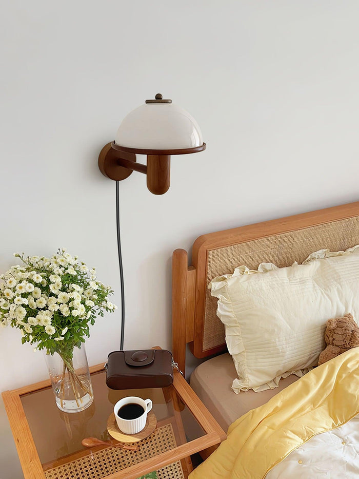 Taavita Mushroom Wood Wall Light - Elegant Oak Finish with White Lampshade