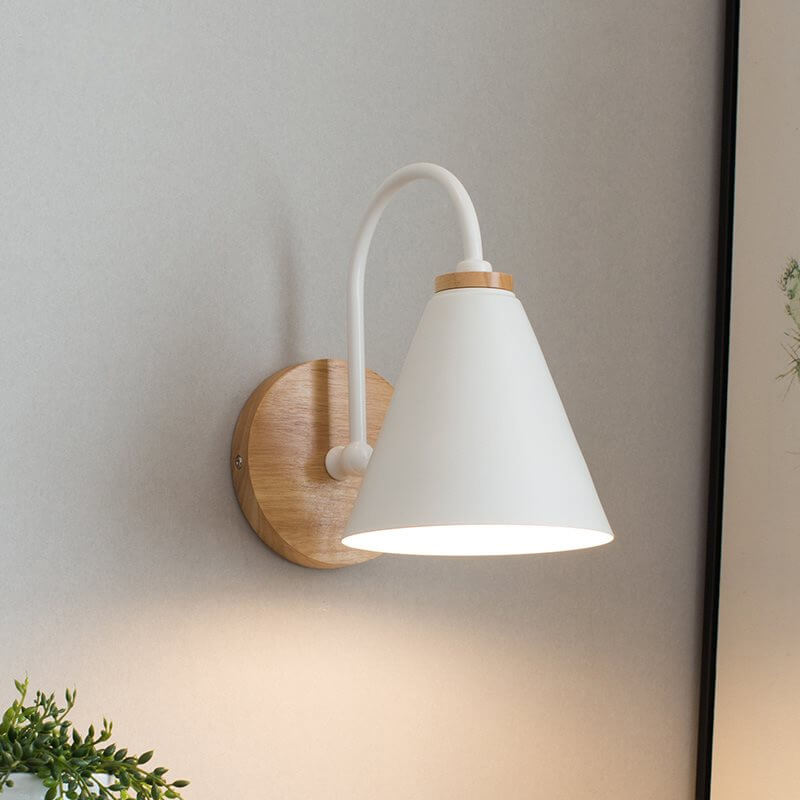 Modern, minimalist cone shade wall lamp with wooden base, 1 light, E26, for living room and bedroom