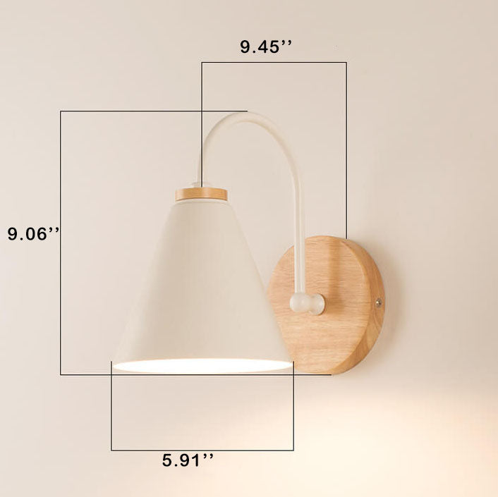 Modern, minimalist cone shade wall lamp with wooden base, 1 light, E26, for living room and bedroom