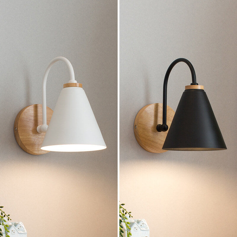 Modern, minimalist cone shade wall lamp with wooden base, 1 light, E26, for living room and bedroom