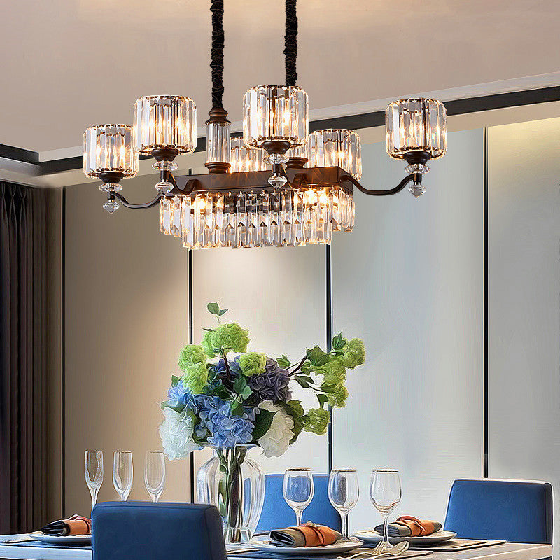 Contemporary Cylinder Restaurant Island Light Fixture with Prismatic Crystal, 9-Bulb Black Hanging Pendant by Taavita