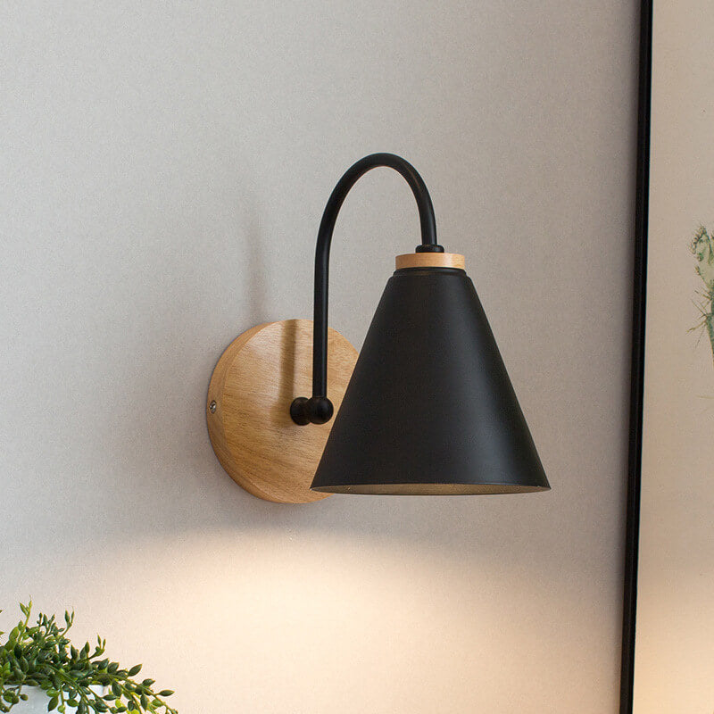 Modern, minimalist cone shade wall lamp with wooden base, 1 light, E26, for living room and bedroom