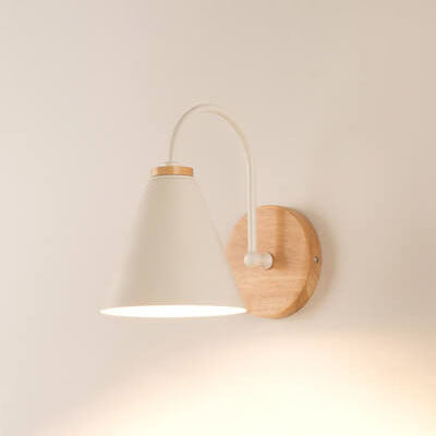 Modern, minimalist cone shade wall lamp with wooden base, 1 light, E26, for living room and bedroom