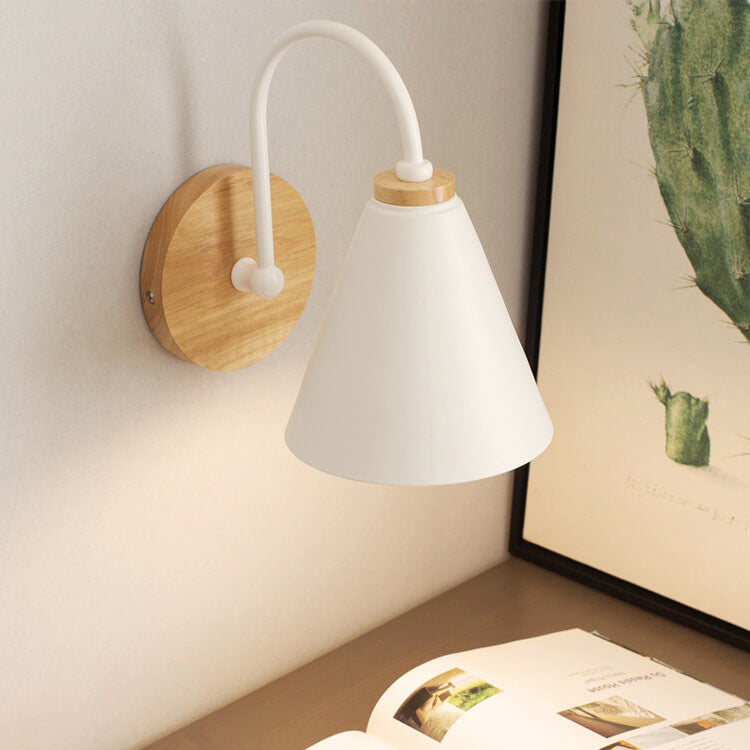 Modern, minimalist cone shade wall lamp with wooden base, 1 light, E26, for living room and bedroom