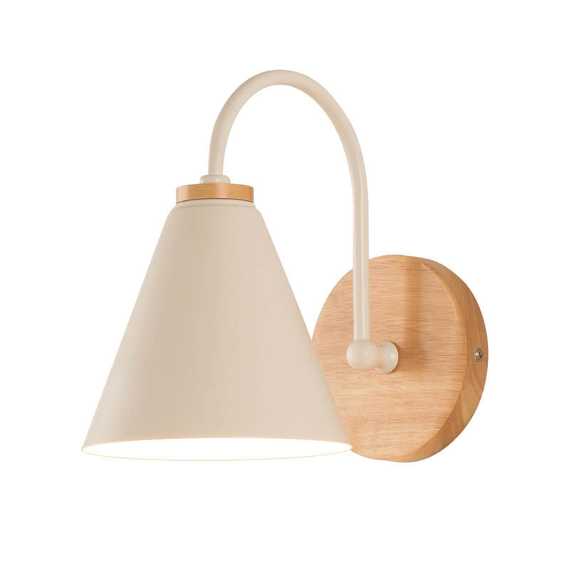 Modern, minimalist cone shade wall lamp with wooden base, 1 light, E26, for living room and bedroom