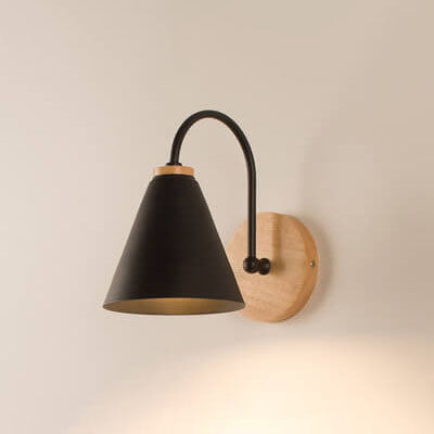 Modern, minimalist cone shade wall lamp with wooden base, 1 light, E26, for living room and bedroom