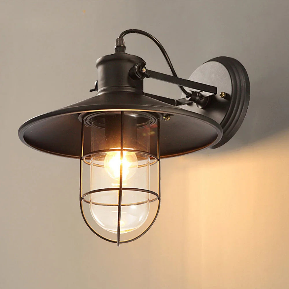 Industrial Wall Light – Unique Wall Lamp with Matte Black Metal Shade and Clear Glass Diffuser