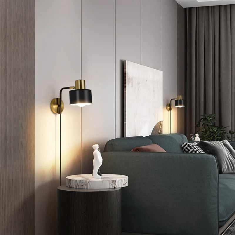 Wall Lamp for Bedroom with Cable, Elegant Black-Gold Design