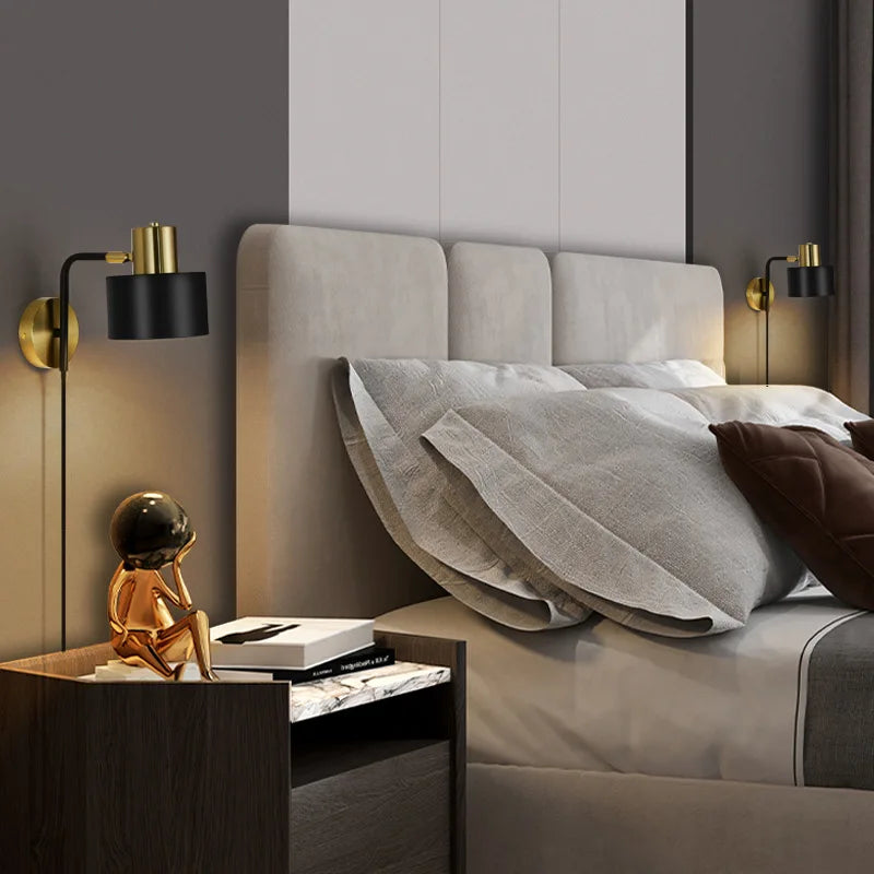 Wall Lamp for Bedroom with Cable, Elegant Black-Gold Design