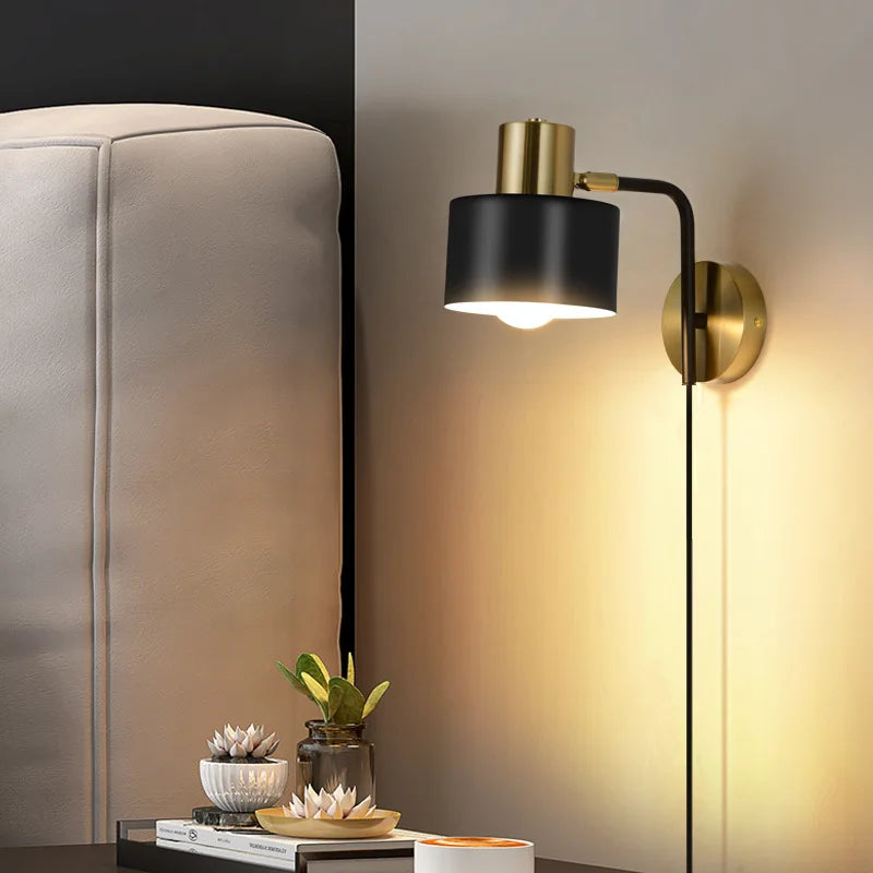 Wall Lamp for Bedroom with Cable, Elegant Black-Gold Design