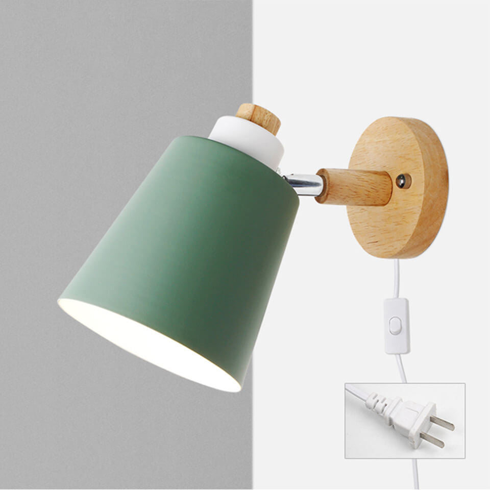 Minimalistic Taavita Barrel Shade Wooden Chassis Plug 1-Light Wall Lamp