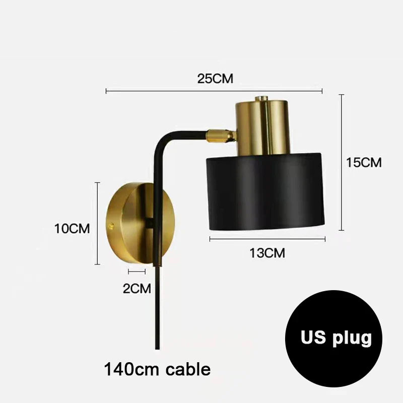 Wall Lamp for Bedroom with Cable, Elegant Black-Gold Design