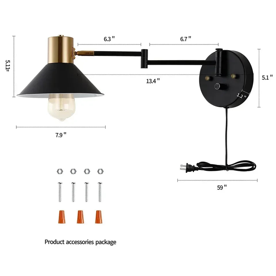 Taavita Wall Lamp Bedroom with Plug in Black and Gold Accents