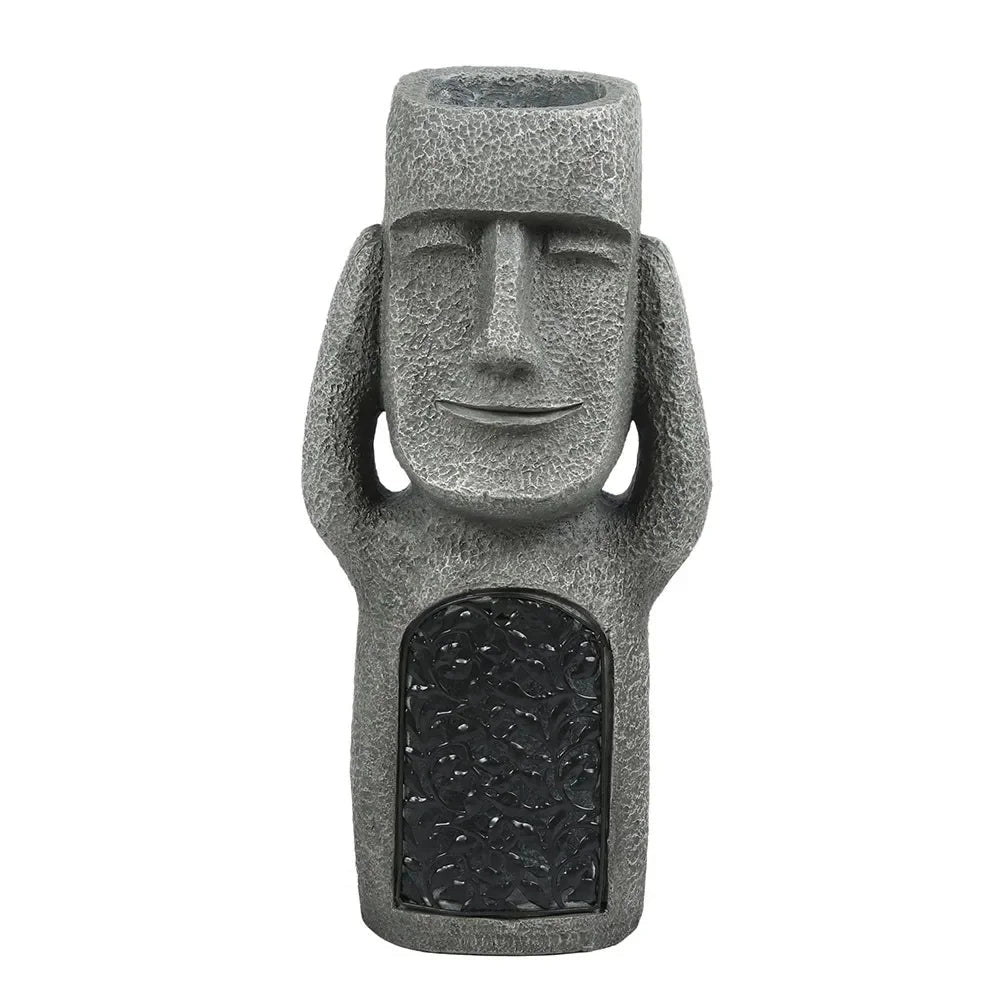 25cm grey granite Moai statue featuring a "Listen" gesture, resembling the iconic Easter Island sculptures, suitable for garden decor.