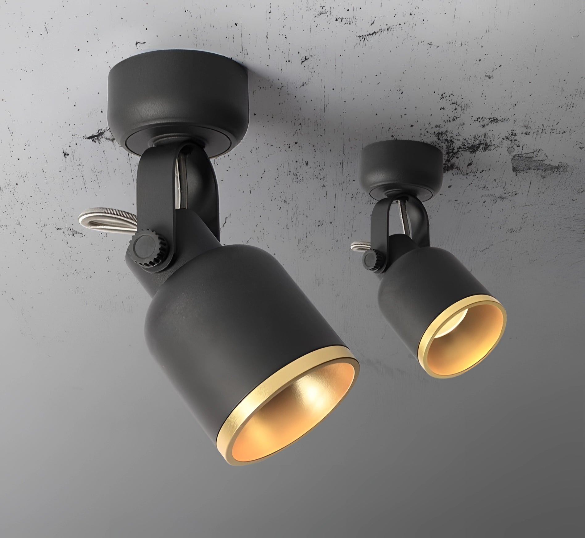 Adjustable black and gold LED track light featuring a modern design, mounted on a ceiling, showcasing a sleek metal finish.