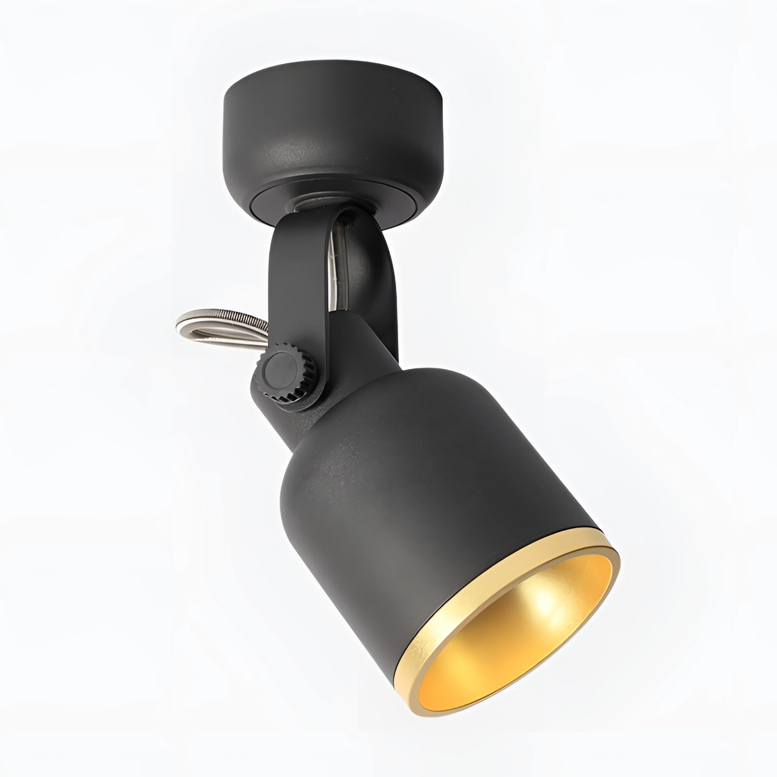 Adjustable black and gold LED track light with a modern design, featuring a cylindrical metal fixture mounted on a rectangular ceiling base.