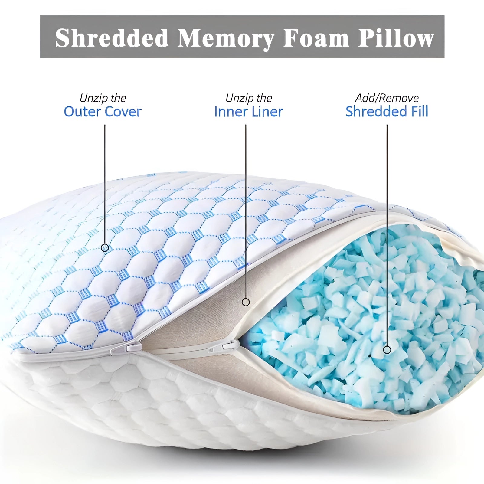 Adjustable Cooling Gel Memory Foam Pillow with a customizable firmness feature, featuring a sleek electric blue cover.