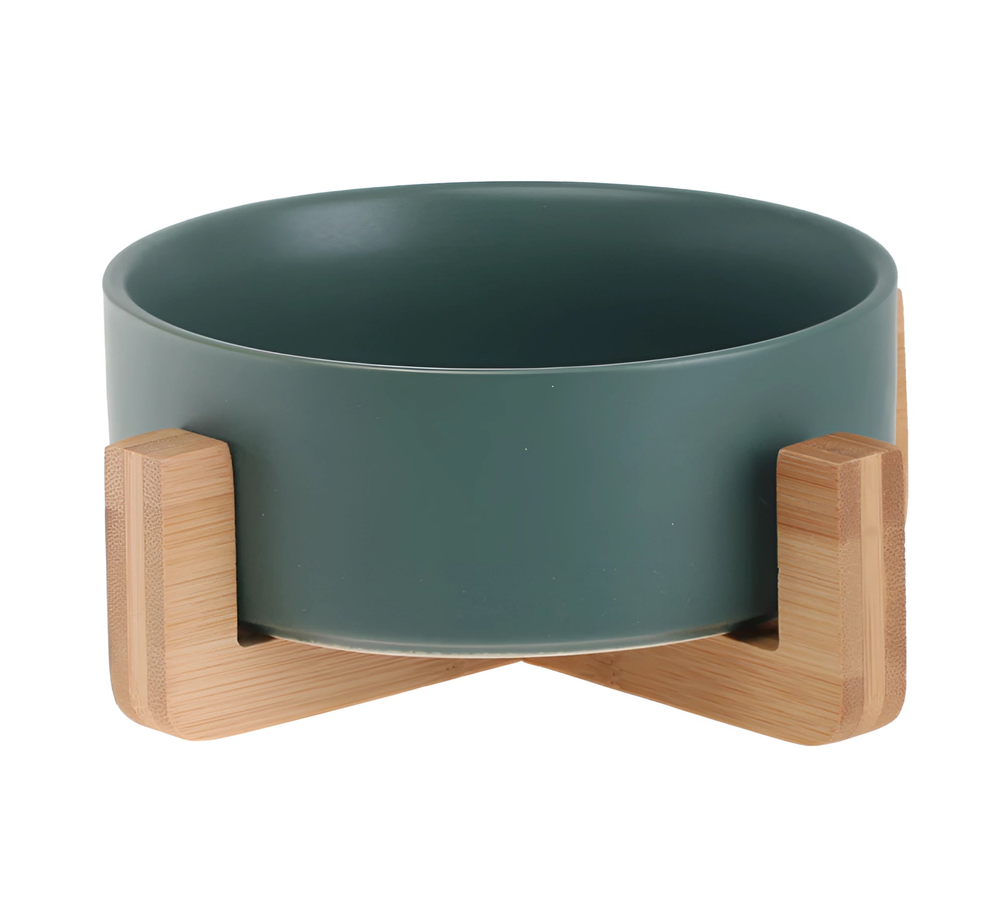 Adjustable multi-level bamboo pet feeder with a colorful dish placed on a wooden stand, designed in a rectangular shape.