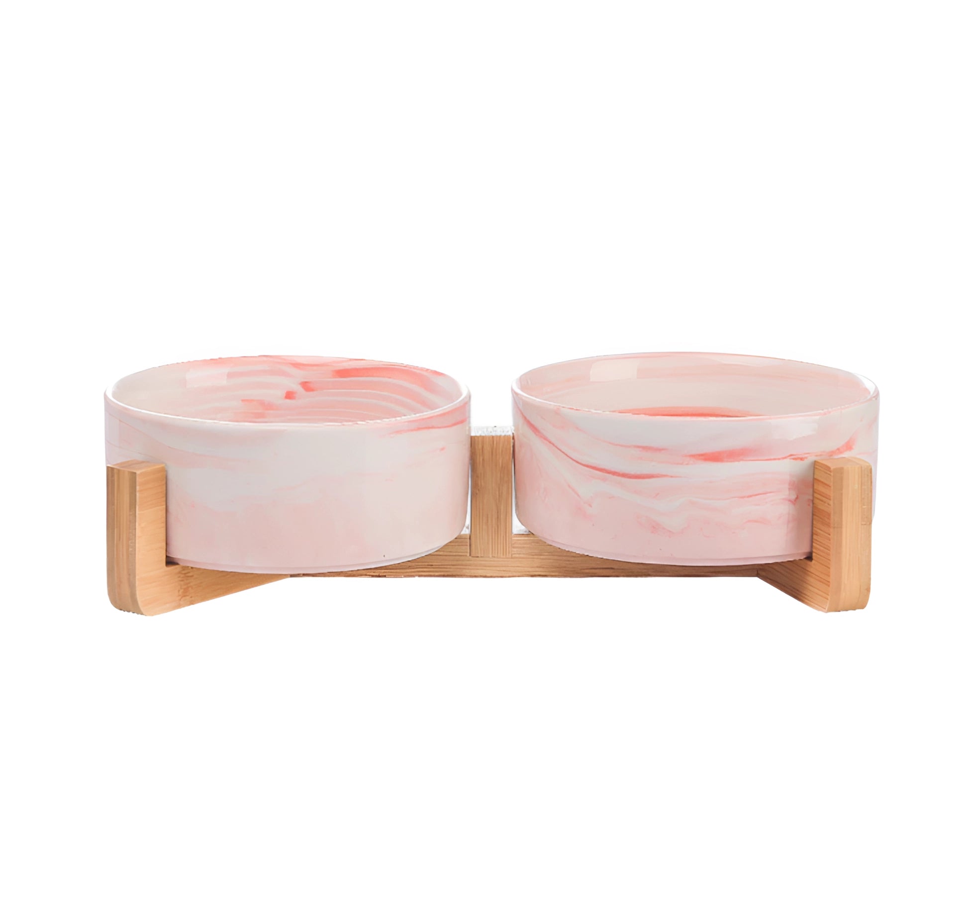 Adjustable multi-level bamboo pet feeder with two colorful pink marble dishes, featuring a wooden frame and rectangular design.