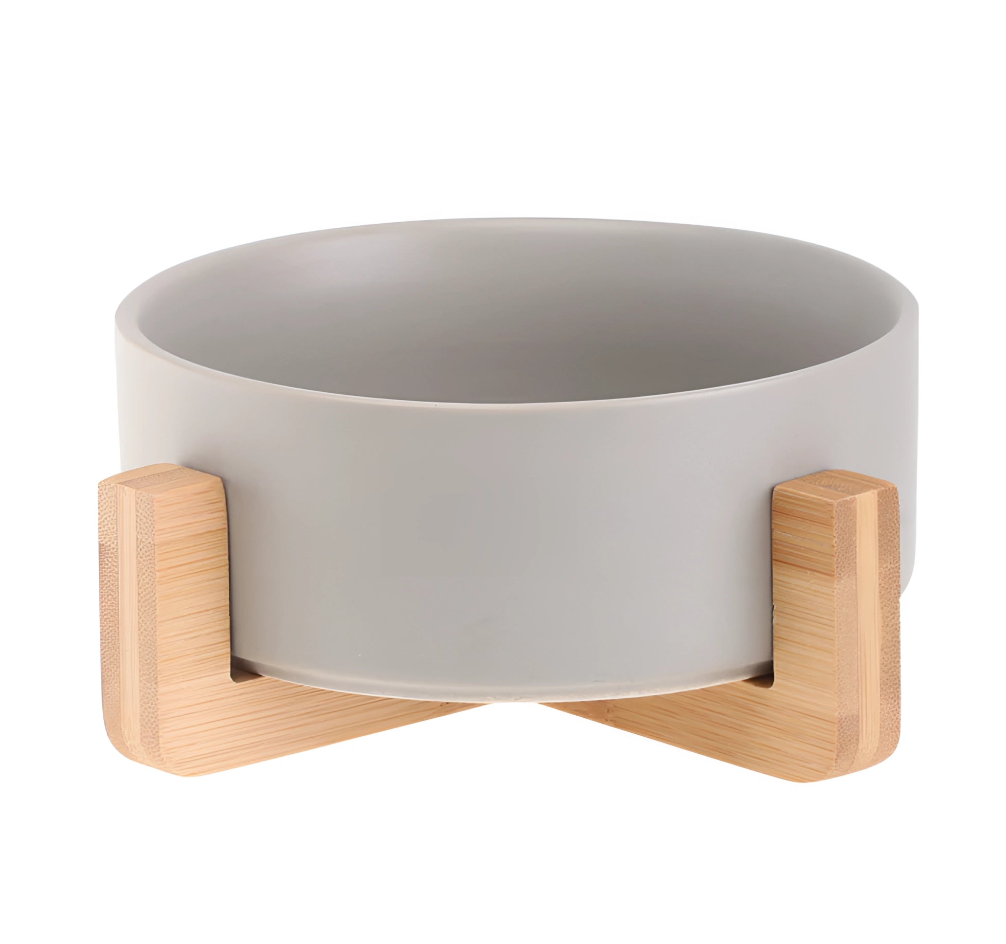 Adjustable bamboo pet feeder with a single slate-colored dish, featuring a multi-level design.