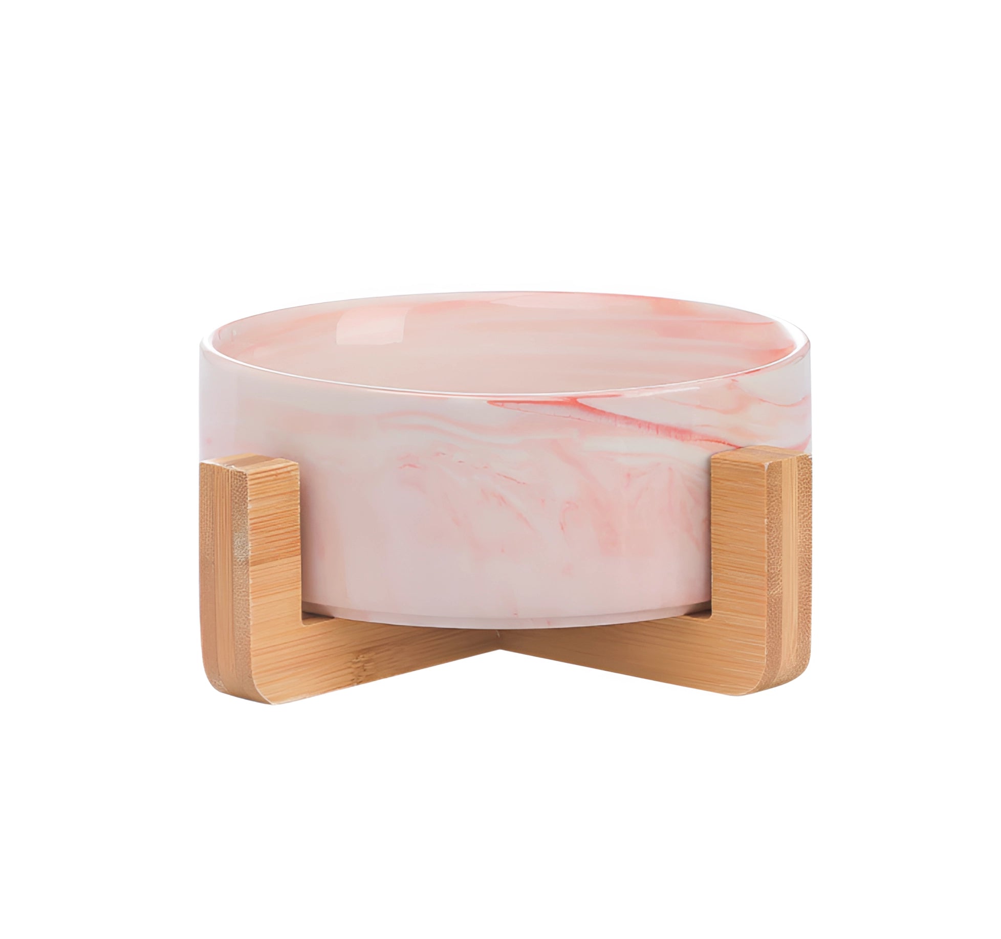 Adjustable multi-level bamboo pet feeder with a pink marble dish; features a beige rectangular wooden stand with a single circular dish.