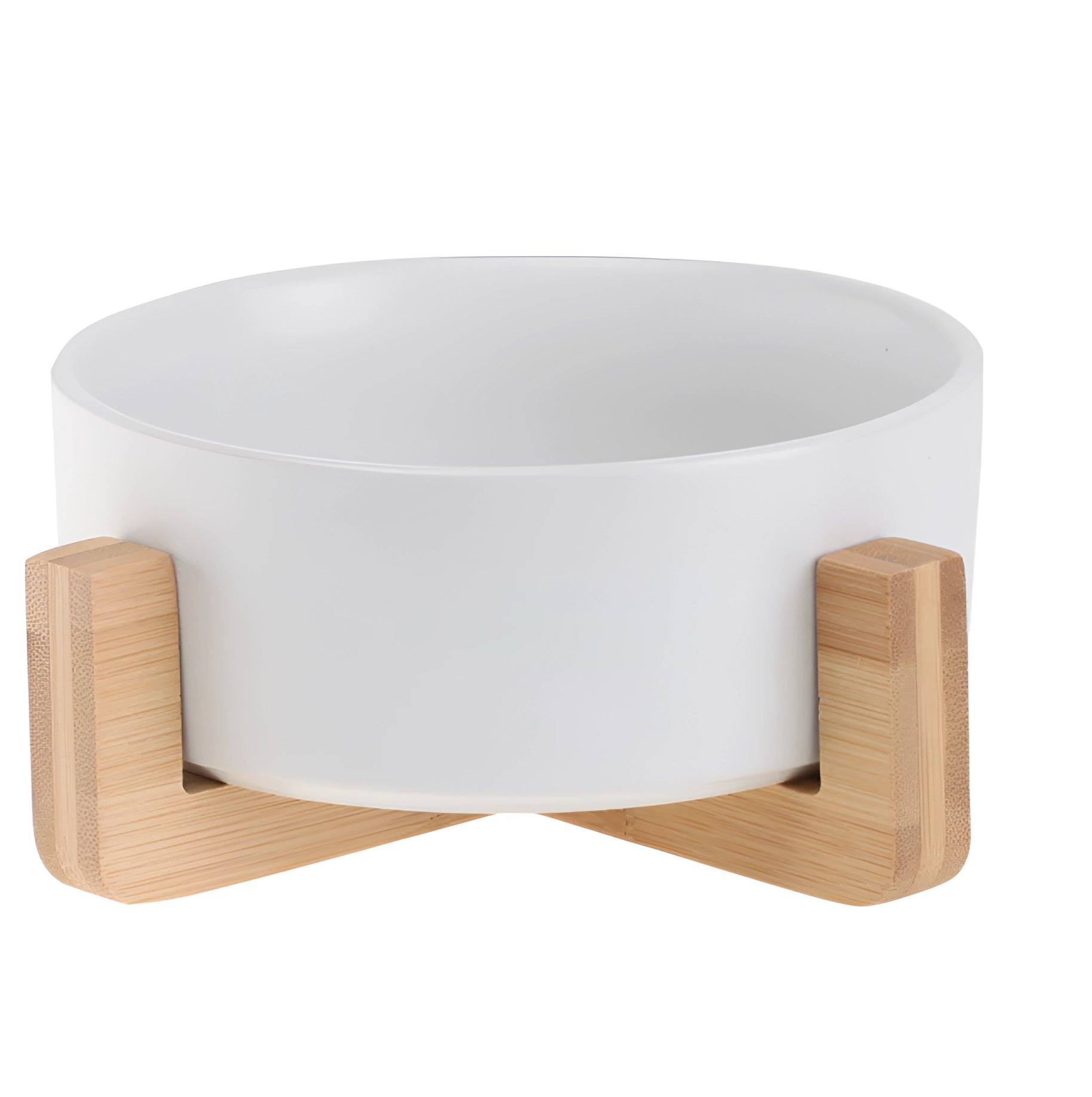 Adjustable multi-level bamboo pet feeder in white, featuring colorful circular dishes placed on a rectangular wooden frame.