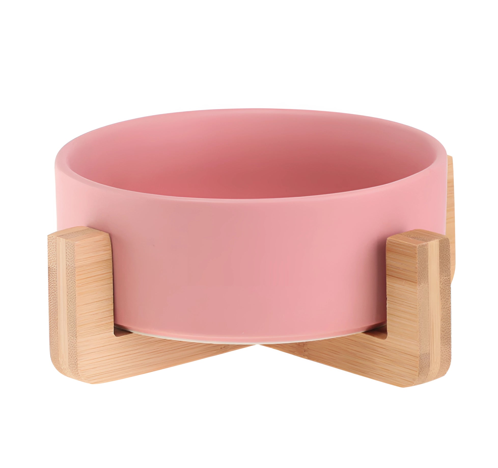 Adjustable multi-level bamboo pet feeder with a single rose-colored dish. The feeder features a sturdy beige bamboo base with a circular magenta dish, designed for pets to comfortably access their food.