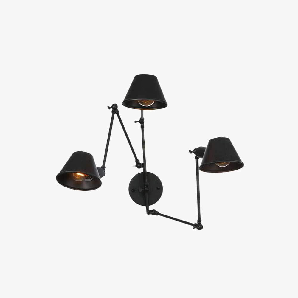 Adjustable triple-arm black wall sconce with a modern industrial design, featuring three metal lighting fixtures that resemble small street lamps.