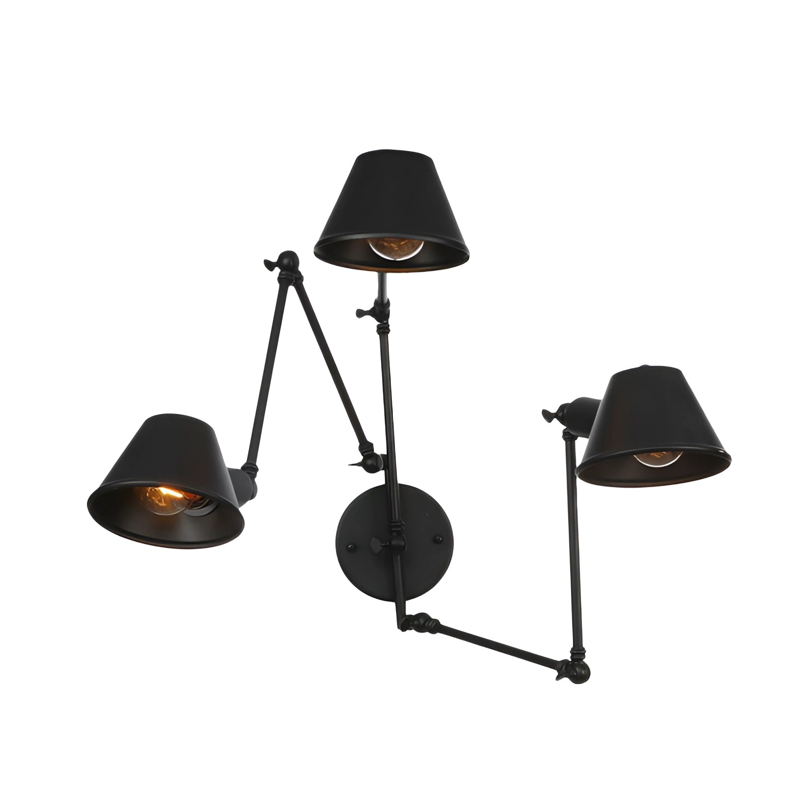 Adjustable triple-arm black wall sconce with a modern industrial design featuring round lampshades and a sleek black finish, mounted on a wall.