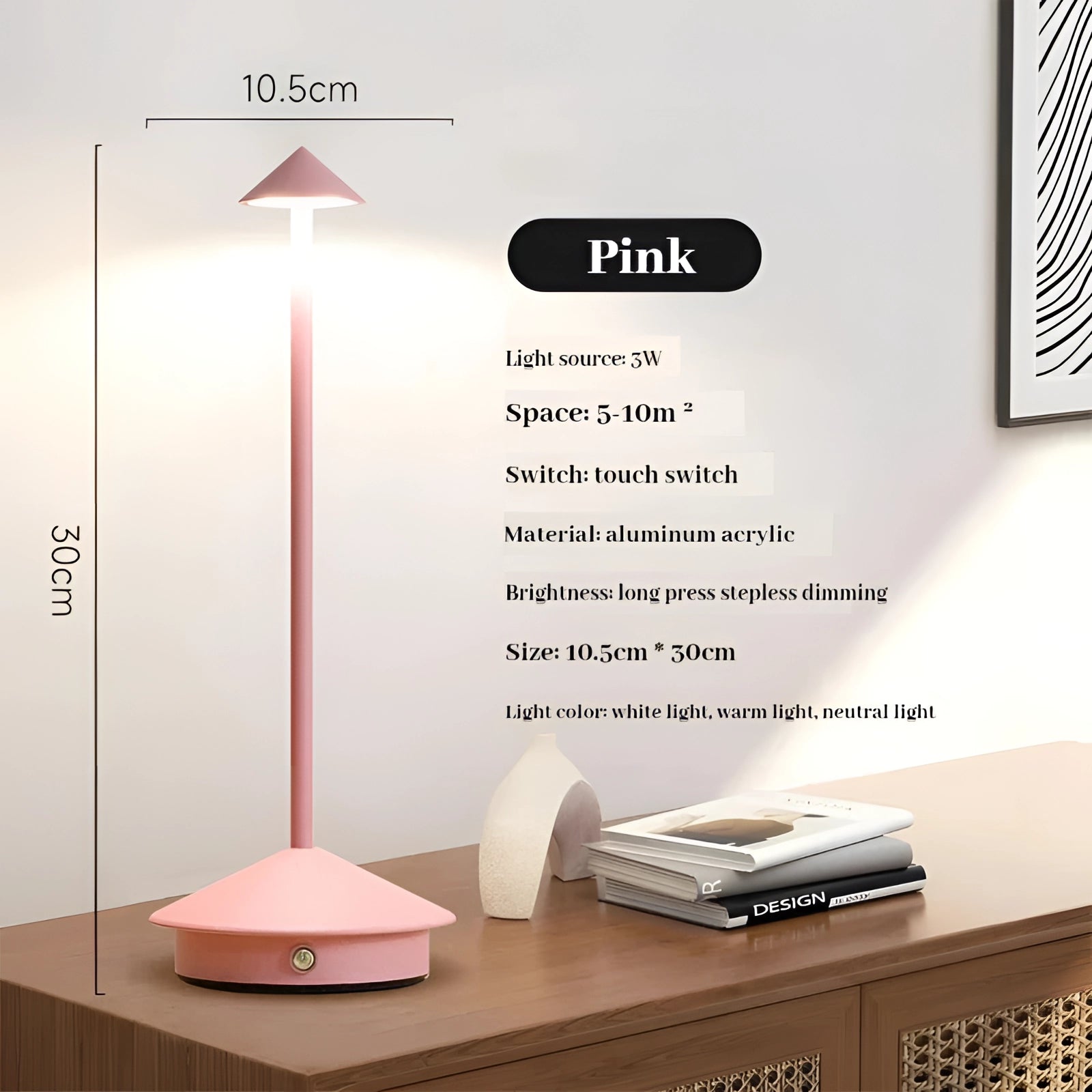 Aluminum touch table lamp featuring a sleek modern design in pink, equipped with a 3W LED light and stepless dimming capability, set against a neutral background.