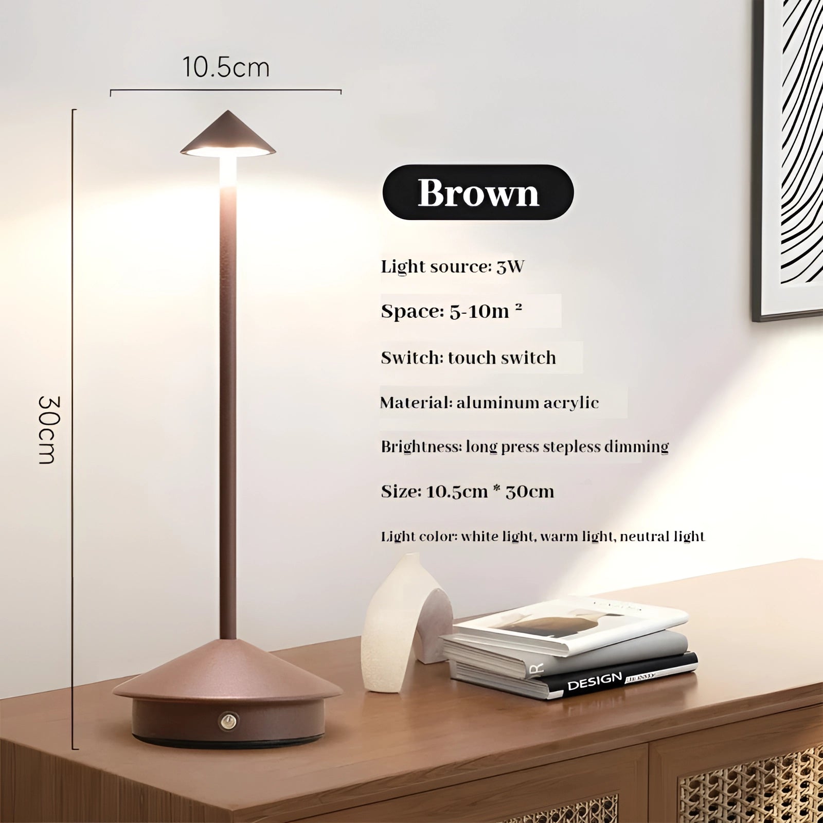 Modern aluminum touch table lamp in Braun variant with a sleek design, featuring a 3W LED light and stepless dimming functionality, elegantly displayed on a wooden surface in an interior setting.