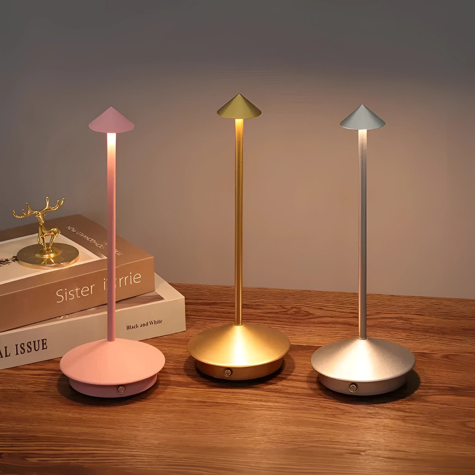 Modern aluminum touch table lamp with a 3W LED bulb, featuring stepless dimming capabilities. The lamp has a sleek design that complements contemporary decor, with natural wood elements adding a touch of warmth. Ideal as a decorative piece to enhance ambiance in any room.