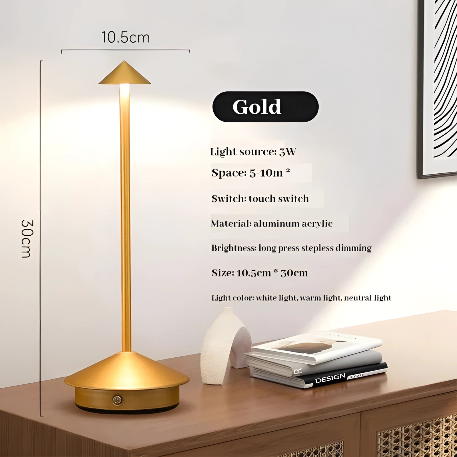 Aluminum touch table lamp with a gold finish featuring a modern design, equipped with a 3W LED light and stepless dimming functionality, placed on a wooden surface.