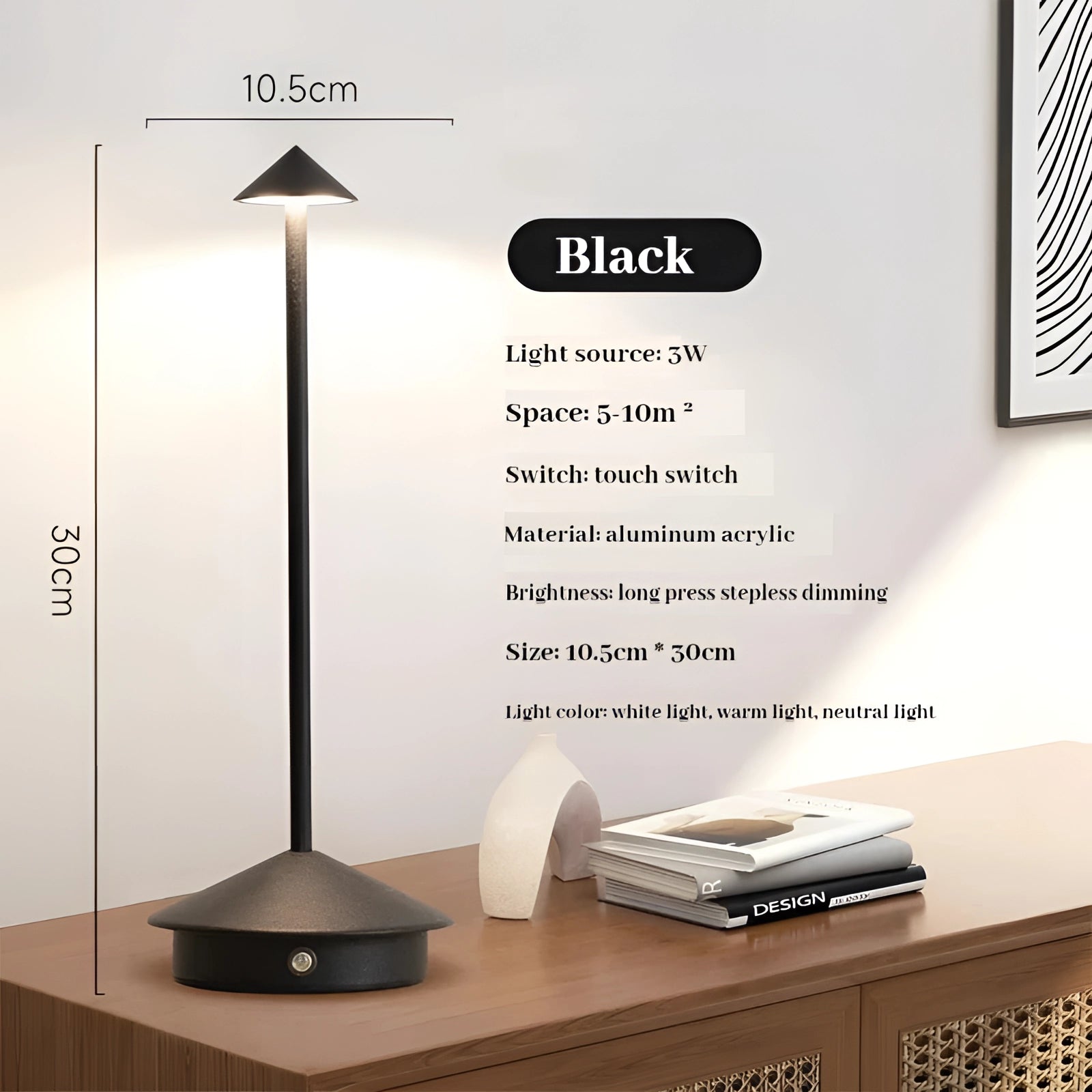 Modern black aluminum touch table lamp featuring a sleek 3W LED design with stepless dimming, placed on a wooden table against a neutral wall backdrop, showcasing its contemporary aesthetic perfect for interior design settings.