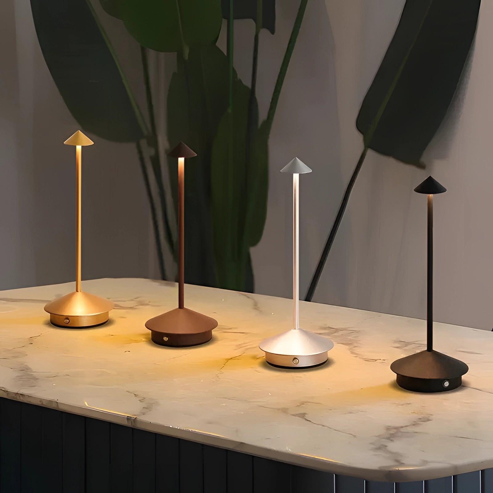 Aluminum Touch Table Lamp with a modern design, featuring a circular base and stepless dimming 3W LED light, set on a wooden surface.