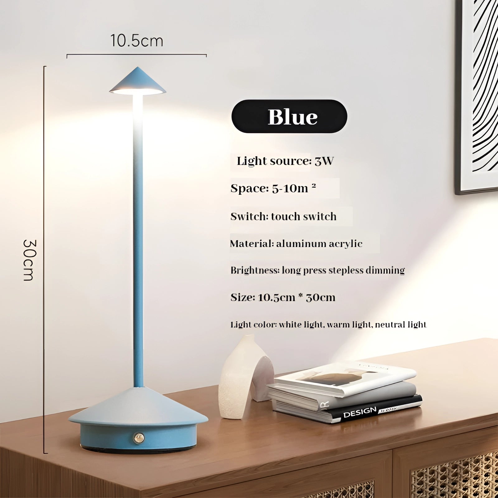 Modern aluminum touch table lamp with a sleek blue finish, featuring a 3W LED light and stepless dimming capability, ideal for contemporary interior design.