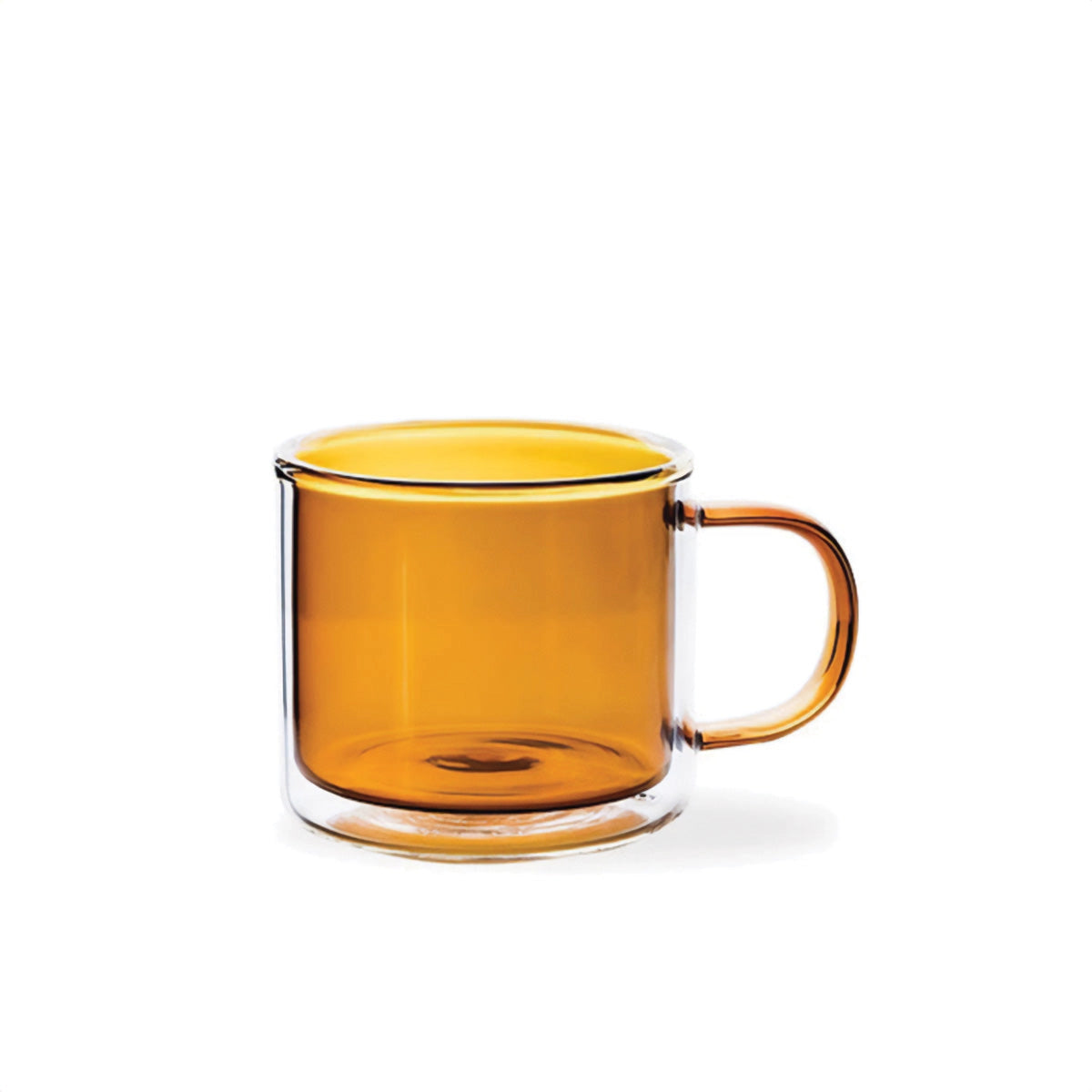 Amber glass mug in a vibrant orange color, designed as a durable and heat-resistant coffee and tea cup, placed on a surface, showcasing its sleek dishware and drinkware aesthetic.