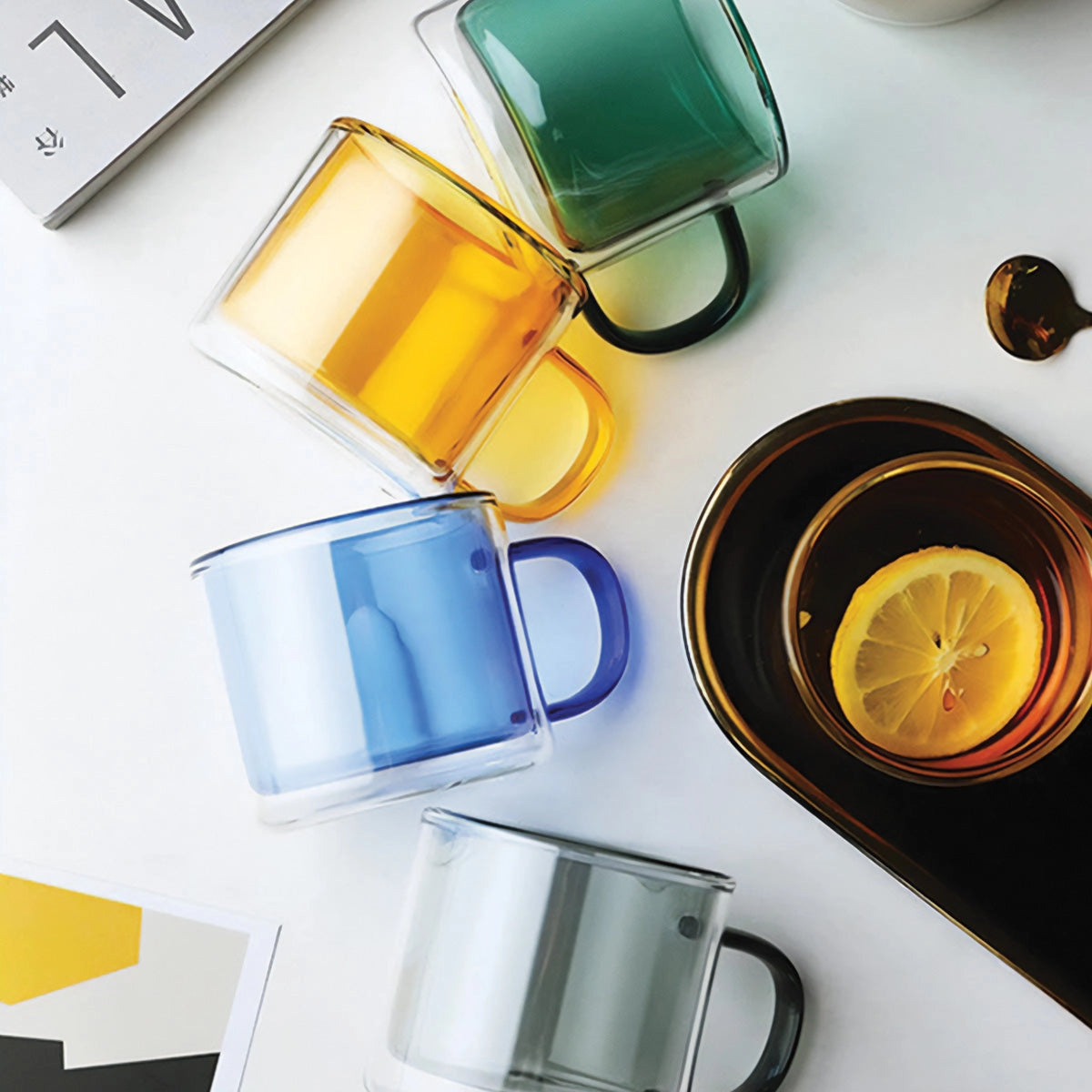 Amber glass mug with a durable and heat-resistant design, ideal for serving coffee and tea, featuring a yellow hue.