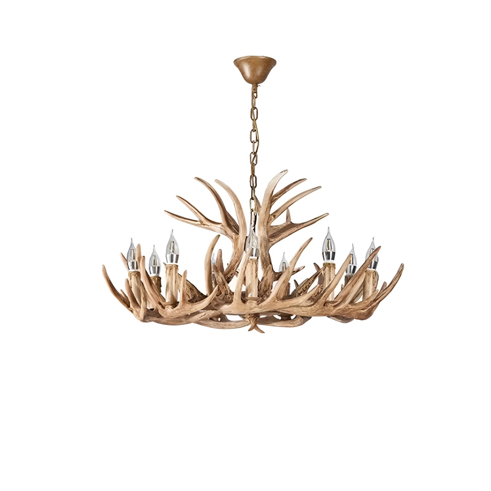 Brown antler chandelier with 10 lights, featuring a rustic lodge cabin design, made from natural materials with a wood and metal finish, suitable as a ceiling fixture for interior decor.