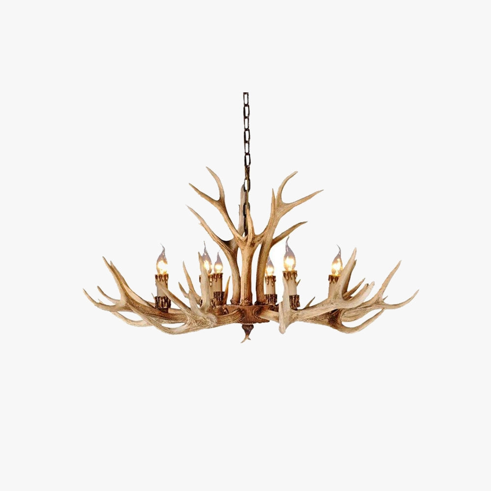 Rustic antler chandelier crafted from natural materials, featuring intertwined wood and metal elements resembling twigs, perfect for lodge or cabin decor.