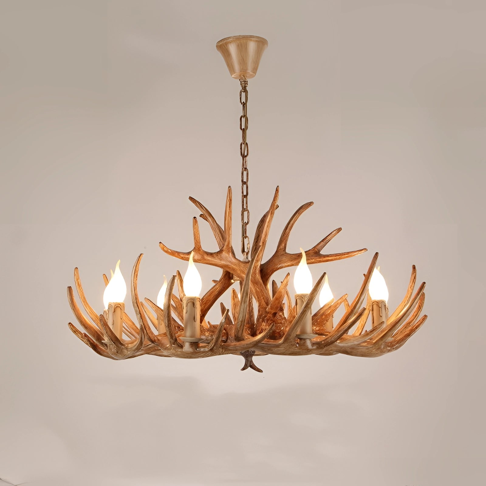 Antler chandelier with a rustic design featuring ten lights, displayed in a coffee color, made from natural materials, perfect for lodge or cabin decor, and installed as a ceiling fixture.