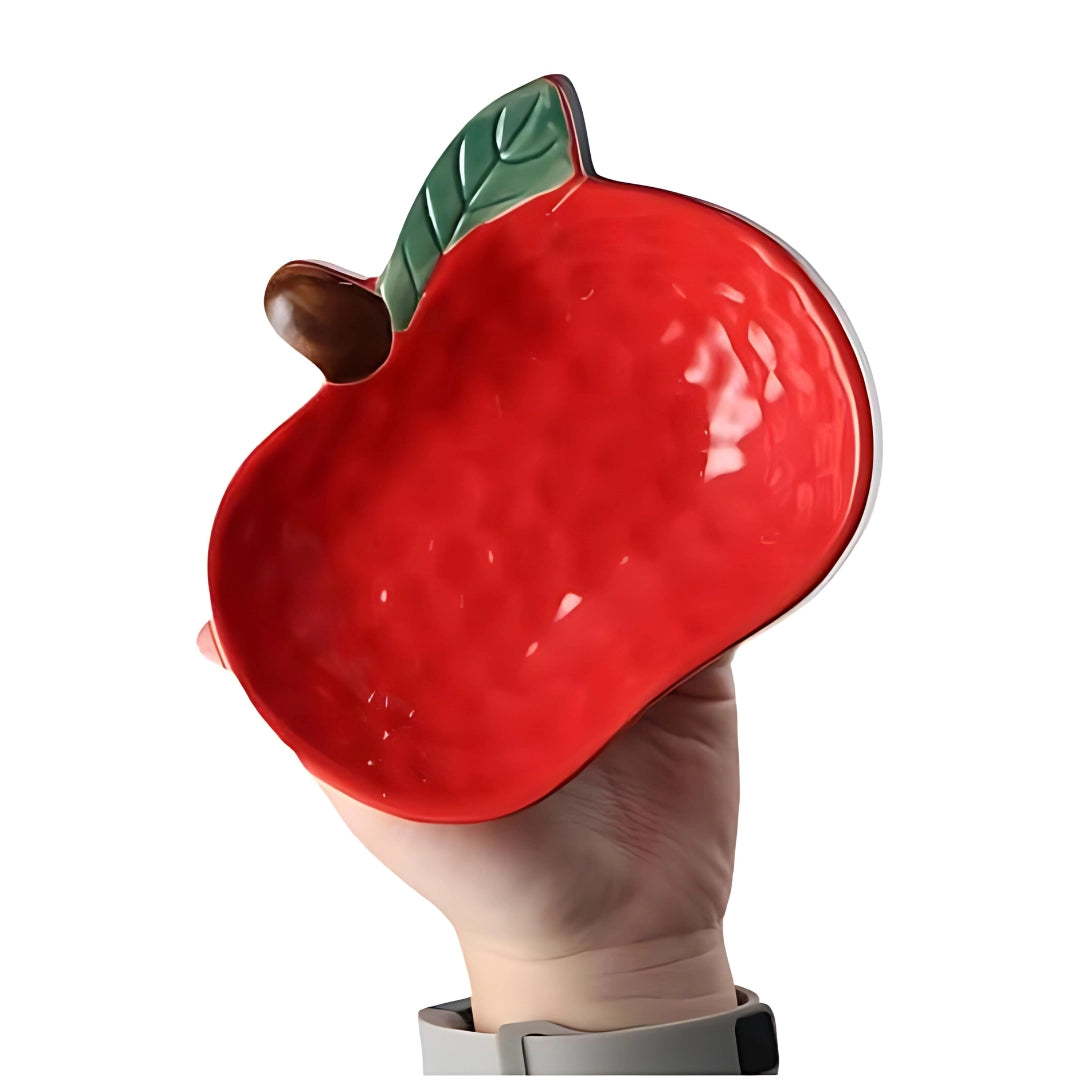 Apple-shaped red ceramic mug with detailed textures resembling a real apple, designed as a novelty fruit-themed drinkware gift.