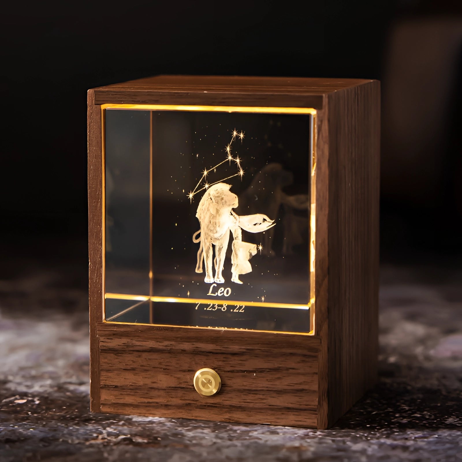 Aquarius Zodiac LED Night Light with a personalized Capricorn design, featuring a wooden rectangular base with artistic engravings illuminated in the darkness.