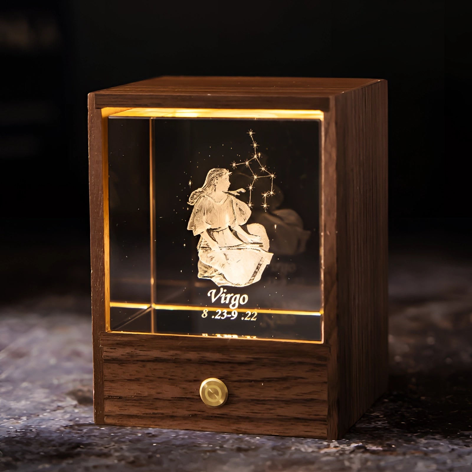 Aquarius Zodiac LED Night Light with a Jungfrau design, featuring a rectangular wooden frame with engraved astrology art and personalized font, illuminated against a dark background.