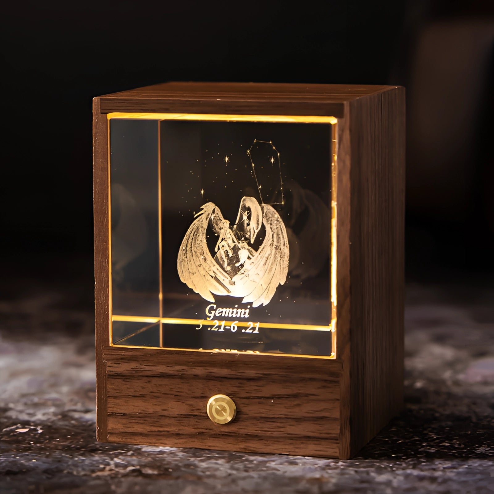 Aquarius Zodiac LED night light with a personalized engraving, featuring a rectangular wooden base and illuminated zodiac design in a dark setting, ideal as an astrology-themed gift.