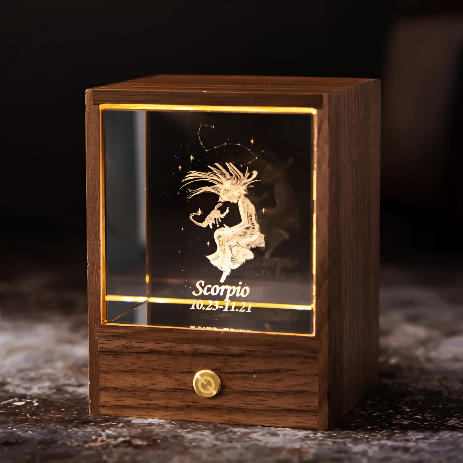 Aquarius Zodiac LED Night Light with a Scorpion design, featuring a wooden base, personalized font, and set against a dark background with a natural aesthetic.